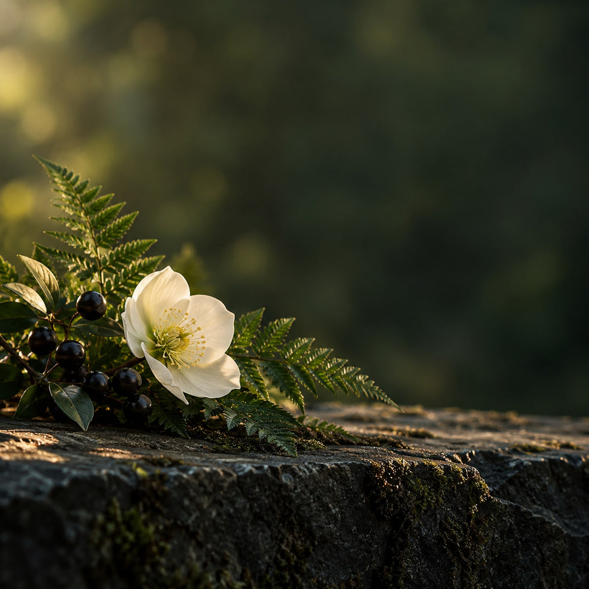 Black berries and a white flower on dark stone, with green leaves