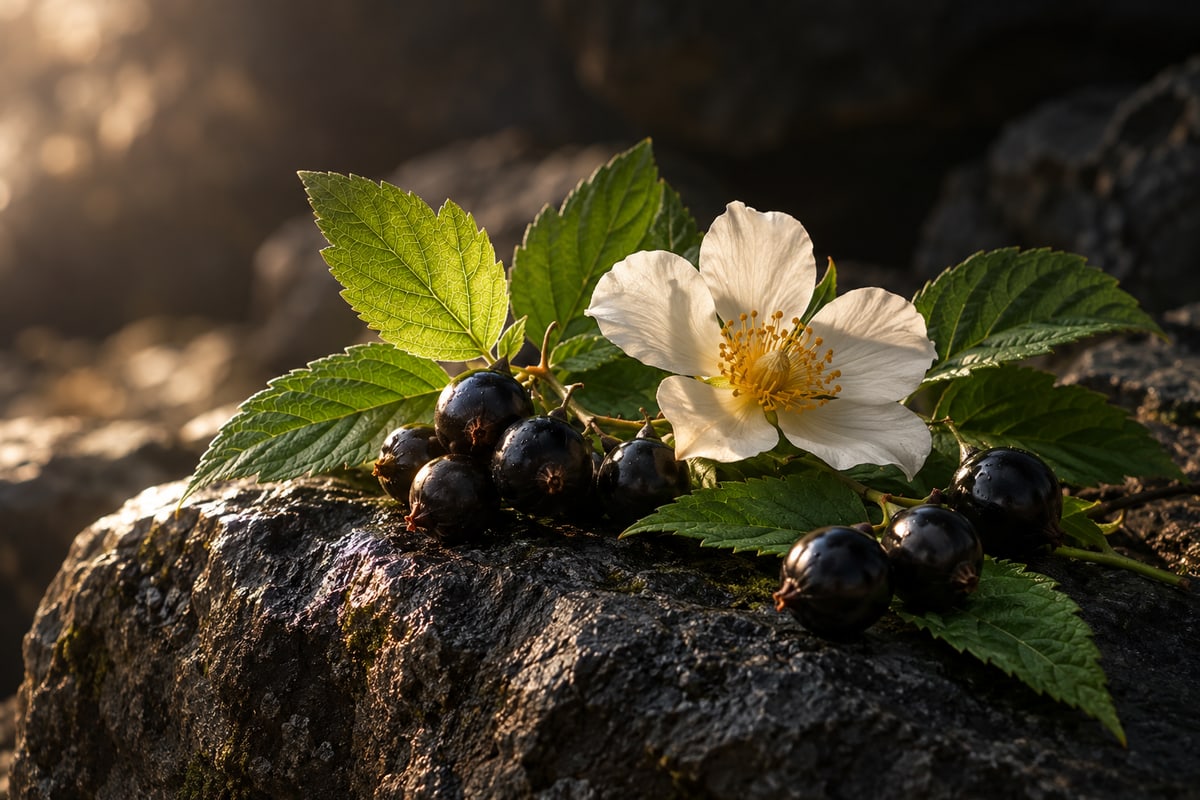 Dark stone with green leaves and berries