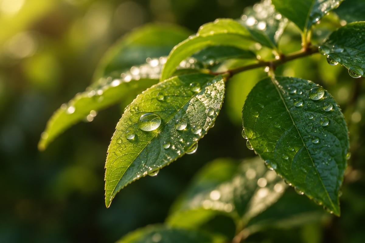Dew drops on a green leaf