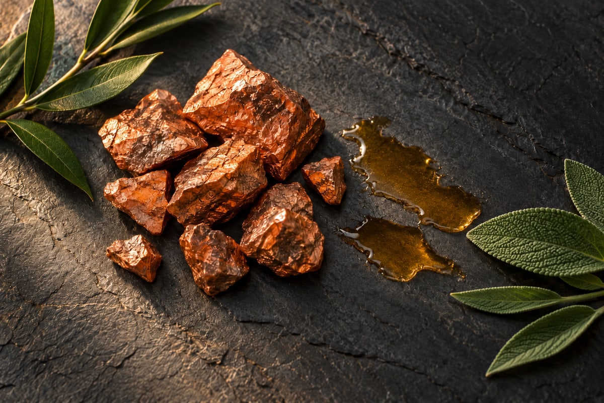 Copper, biotin and botanicals laid out on stone