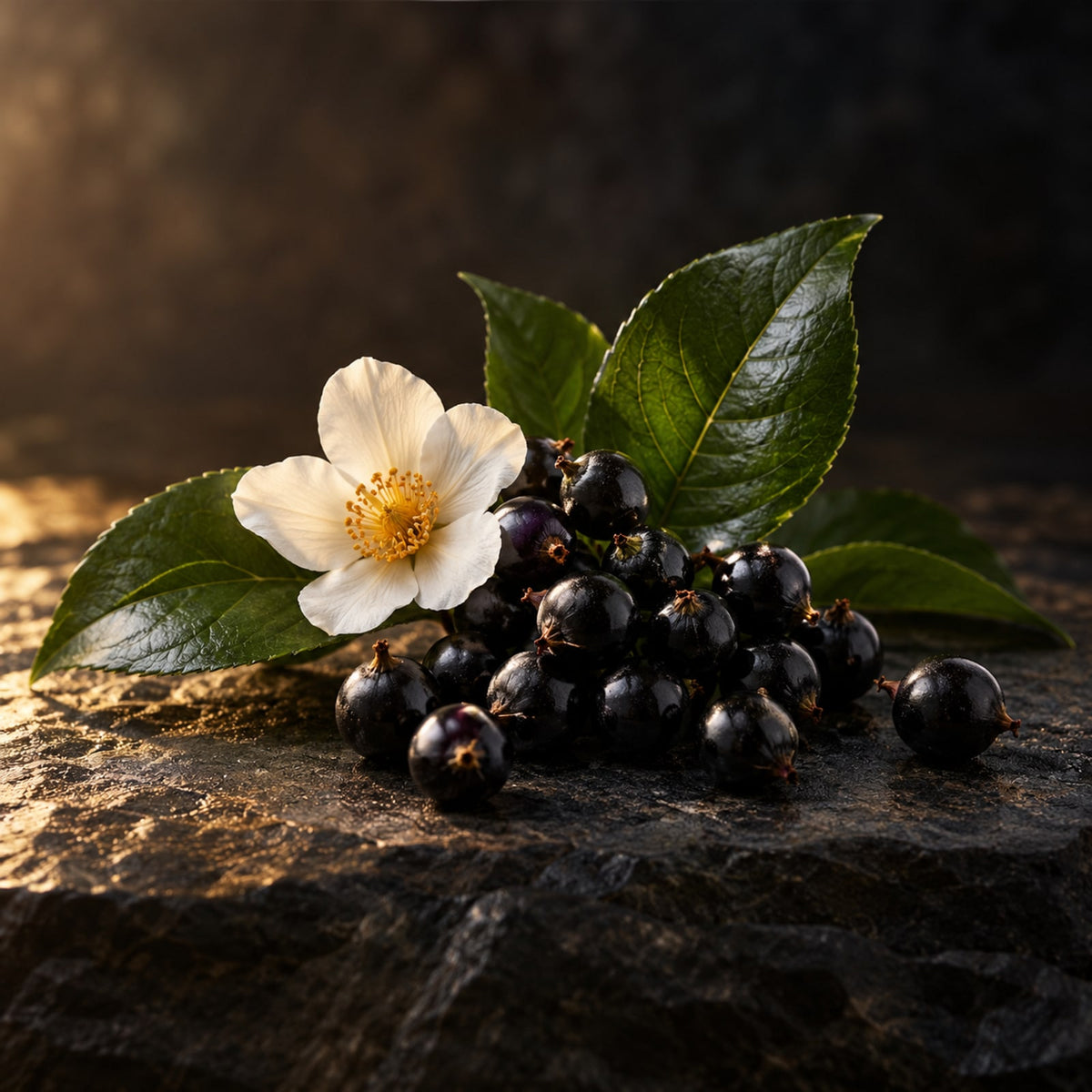 Black saw palmetto berries and a white flower on dark stone