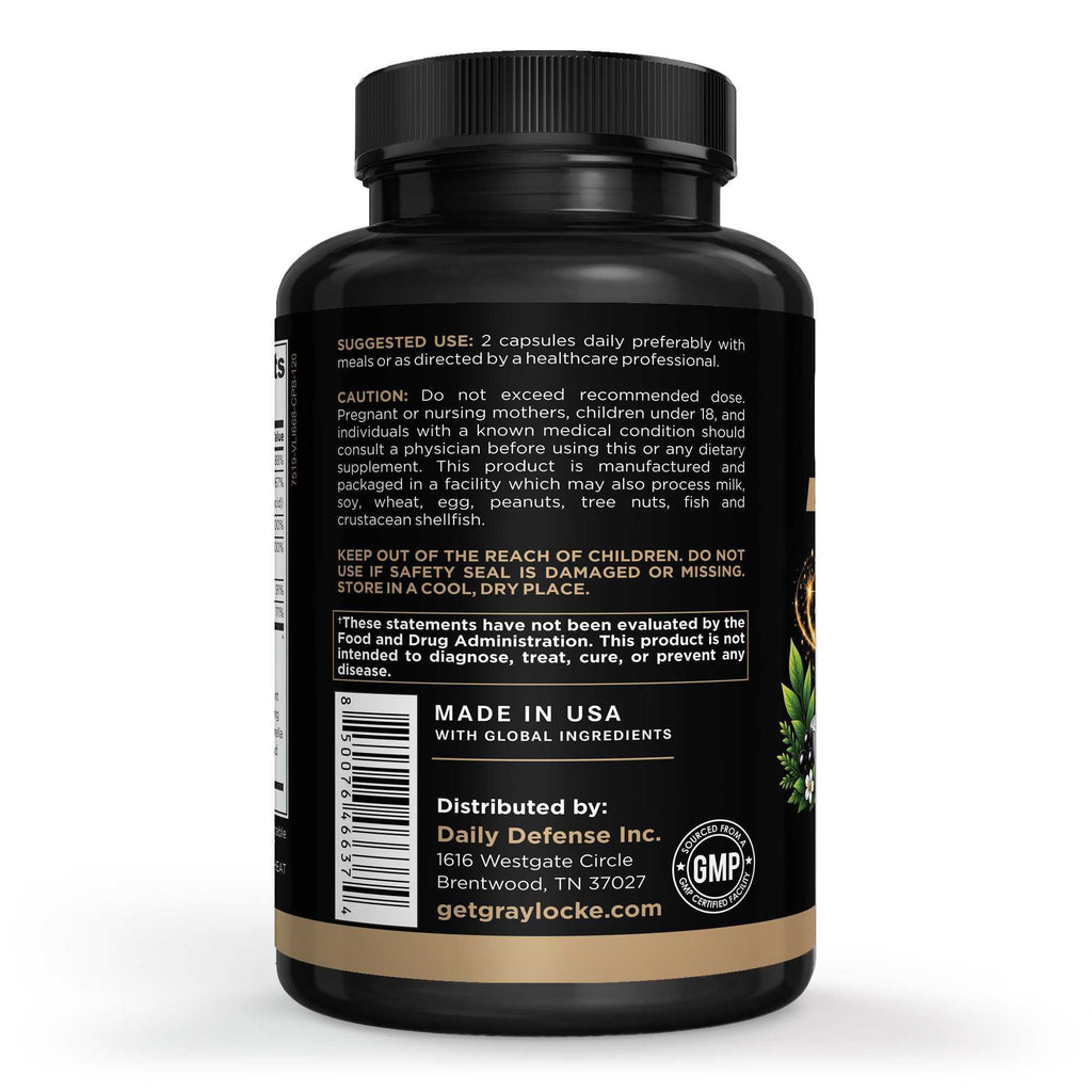 Suggested use, caution and company details on the 120 capsule bottle of GrayLocke