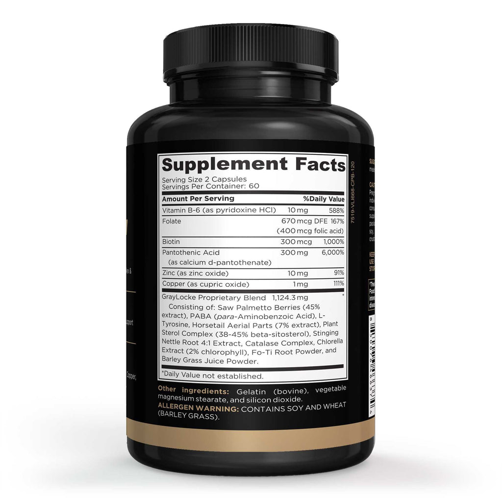 Supplement Facts panel on the 120 capsule bottle of GrayLocke