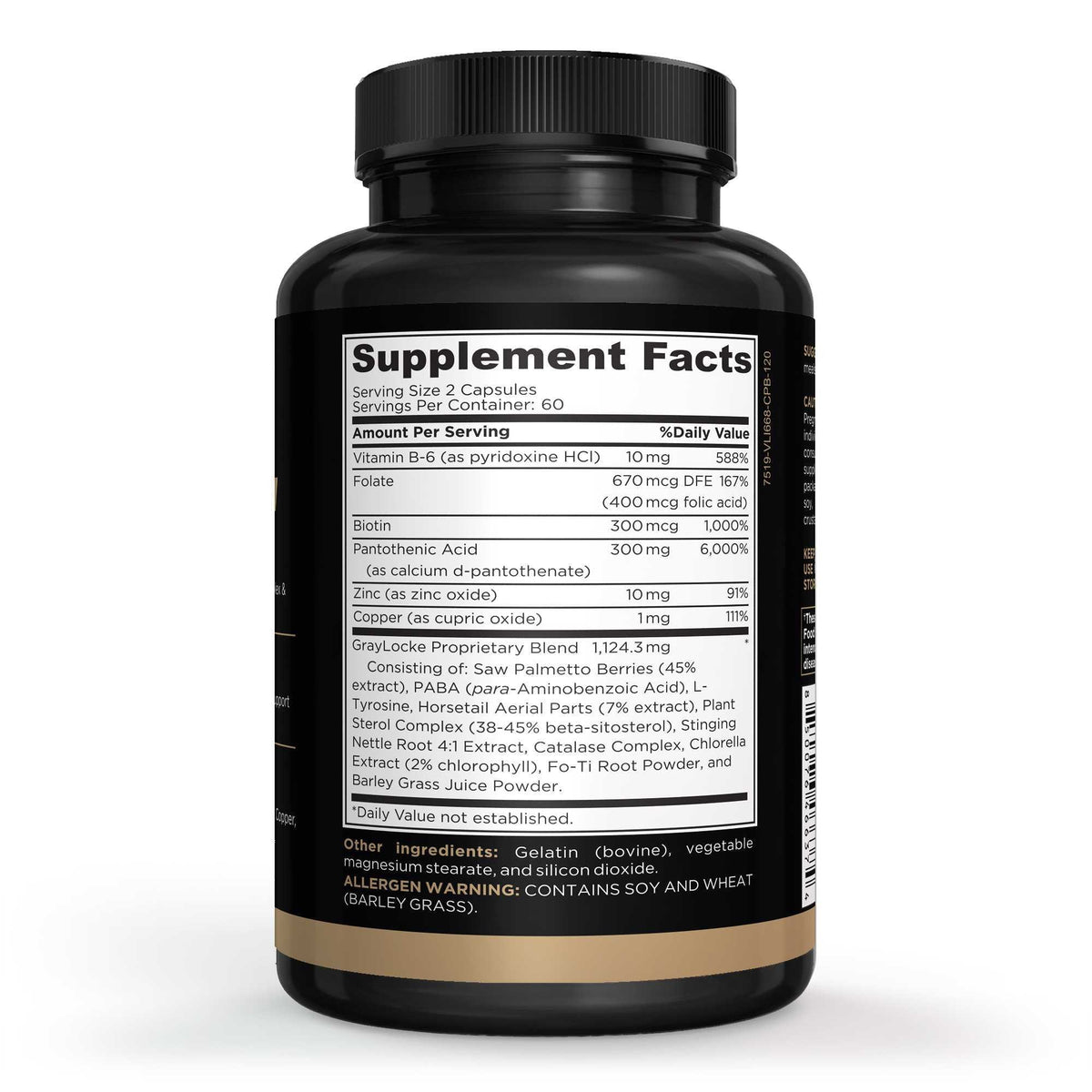 Supplement Facts panel on the 120 capsule bottle of GrayLocke