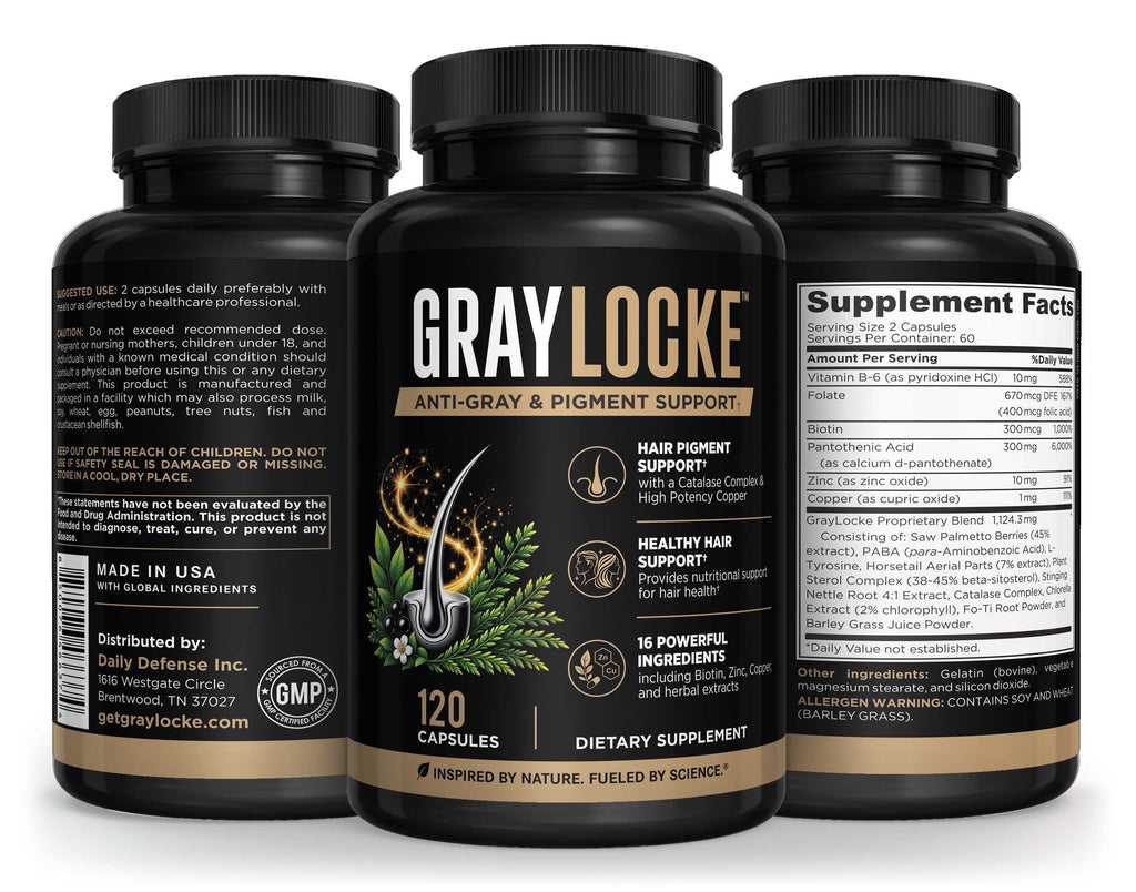 Front, directions and Supplement Facts sides of the 120 capsule bottle of GrayLocke