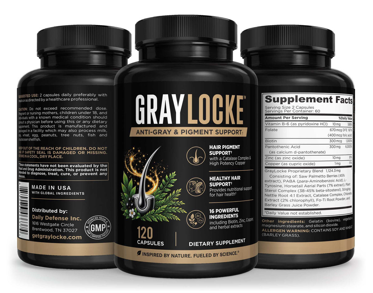 Front, directions and Supplement Facts sides of the 120 capsule bottle of GrayLocke