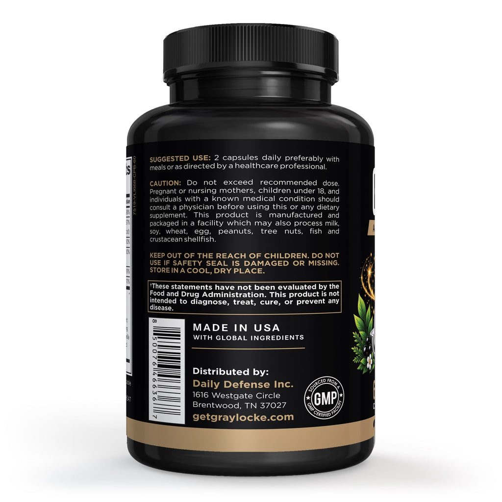 Suggested use, caution and company details on the 60 capsule bottle of GrayLocke