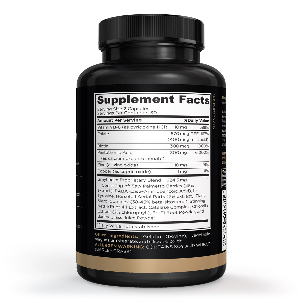 Supplement Facts panel on the 60 capsule bottle of GrayLocke