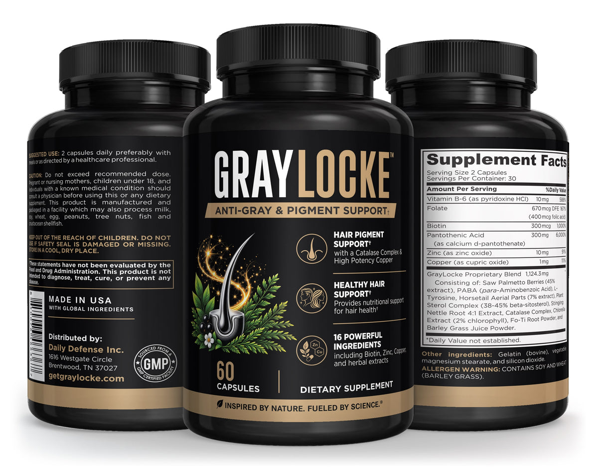 Front, directions and Supplement Facts sides of the 60 capsule bottle of GrayLocke